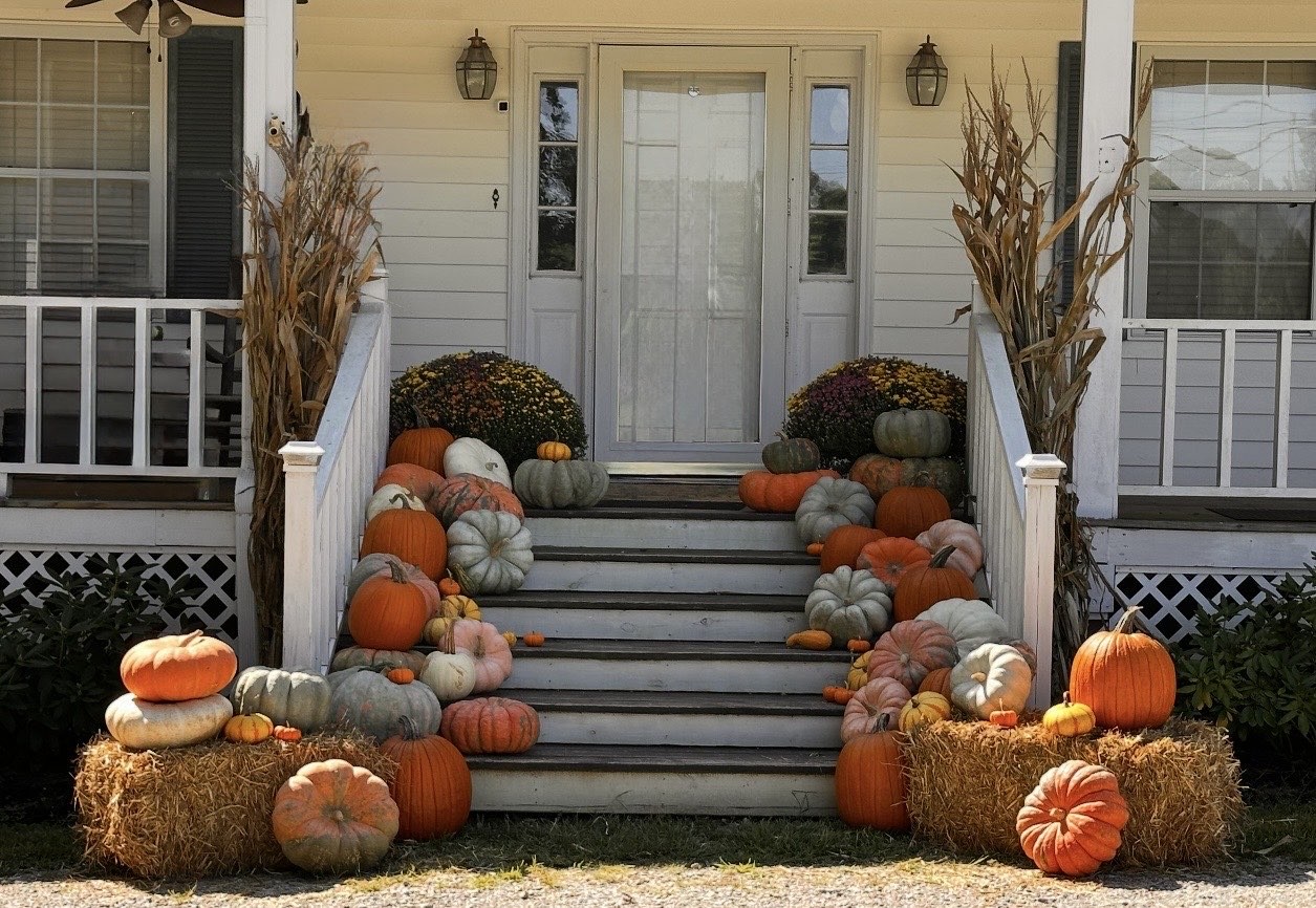 Pumpkins and hay bales on farmhouse porch stairs