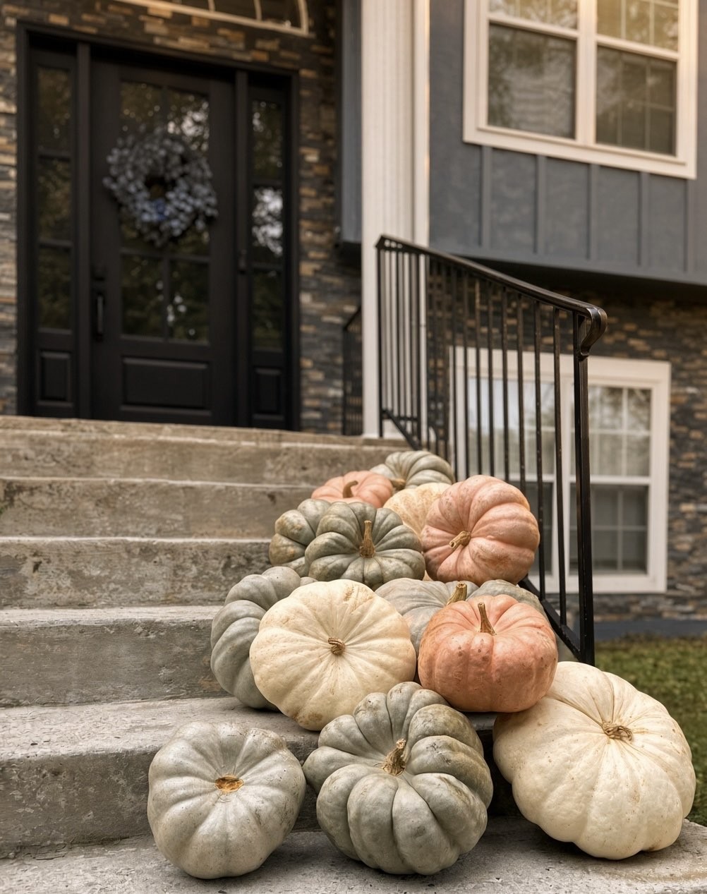 Heirloom pumpkins on stone-house stairs